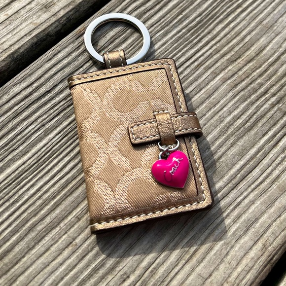 Coach Handbags - NWOT Coach Gold Leather And Signature Canvas Photo Frame Key Chain With Heart